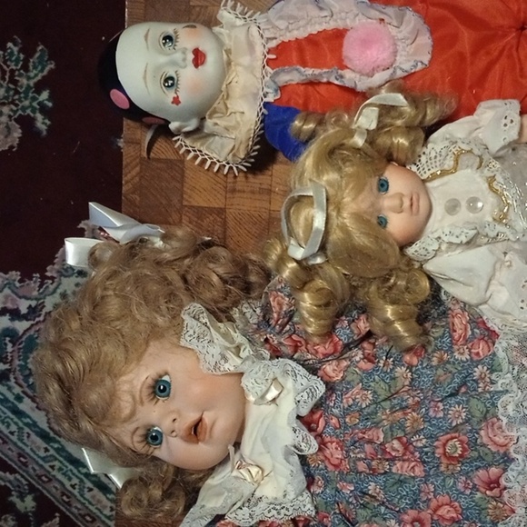 Porcelain dolls - lot of three. Heavy baby, clown, and Young girl. Vintage